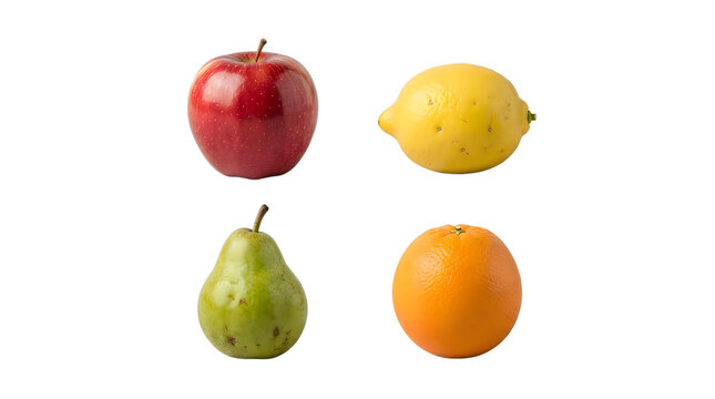 Fresh organic fruit selection including a red apple, yellow lemon, green pear, and orange isolated on transparent background for healthy diet food concepts.