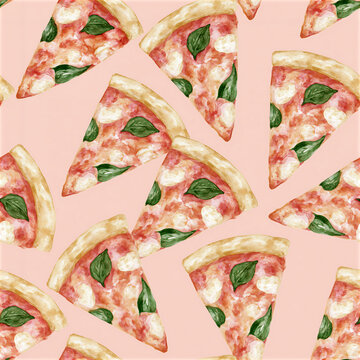 Seamless kitchen decor pizza pattern with pizza slices on pink background