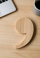 Naklejka premium Storytelling and communication concept, wooden quotation mark on a desk with laptop and coffee, creative writing and content creation