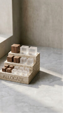 Stone steps with allocate text and wooden glass cubes on marble floor. Resource allocation and asset distribution concept. Investment portfolio and business planning metaphor