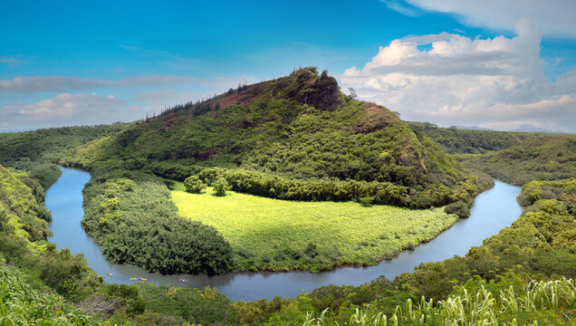Secenic view of a bend of the Wailua River, Kauai, Hawaii, USA