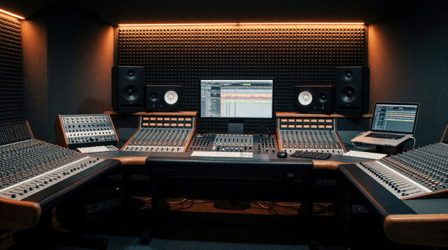Pro recording studio setup with mixing consoles, monitors, and computer. Sound equipment ready for music production, podcasting, or voiceovers. Modern tech for audio creation and broadcast.