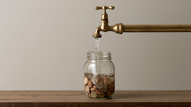 A brass faucet pour water into a glass jar fill with metal coins on wood table against neutral background, financial concept of asset growth