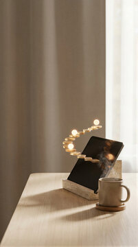 Tablet computer with golden coins rising in spiral from screen on wooden table. Coffee cup on desk. Digital investment growth, mobile banking and passive income concept