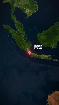 Vertical Satellite globe animation zooming to the Sunda Strait, Indonesia, featuring a glowing concentric circle marker and bold typography.