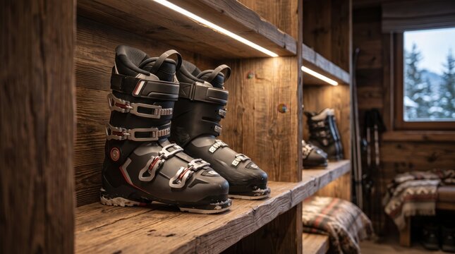 Modern ski boots stored on wooden shelves inside cozy alpine chalet storage room. Concept of chalet interior, winter sports, ski equipment.