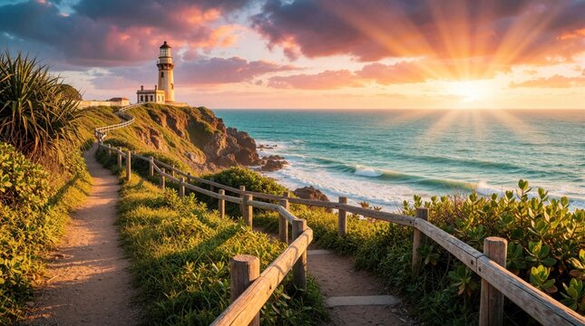 Scenic lighthouse stands on rocky cliff above ocean waves at sunset. Coastal path with wooden fence leads through green plants, grass. Beautiful golden sun rays shine over blue sea, colorful sky