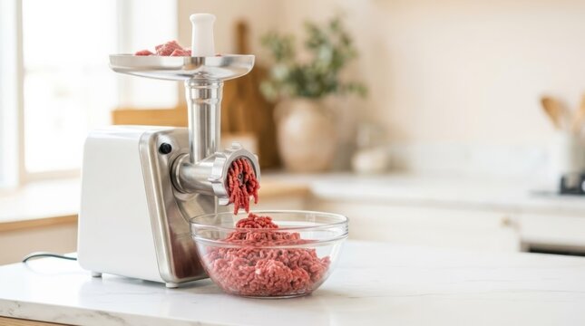 Electric meat grinder preparing fresh minced meat into a glass bowl in a bright, modern kitchen with soft bokeh background