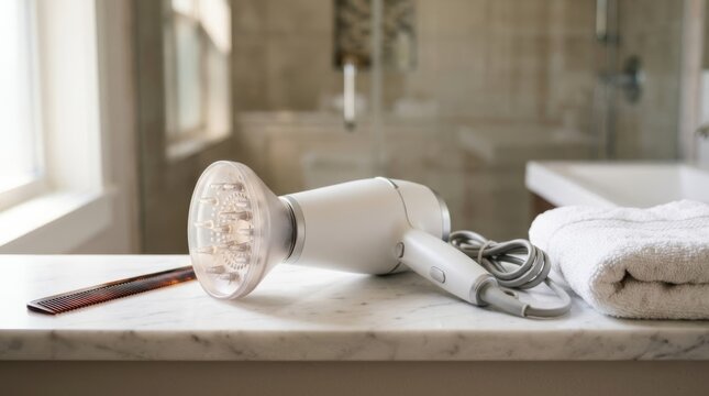 White hair dryer with diffuser attachment, comb, and folded towel on a marble bathroom counter, clean aesthetic