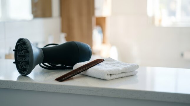 Black hair dryer with diffuser, comb, and folded towel on a clean bathroom counter with copy space