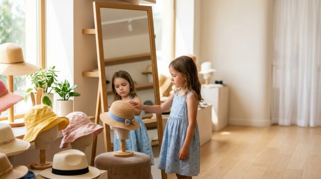 Child choosing a raffia hat in a bright boutique, reflection in mirror, tactile detail, polished lifestyle for advertising