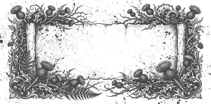 Gothic floral frame with thistles and ferns on a cracked paper background