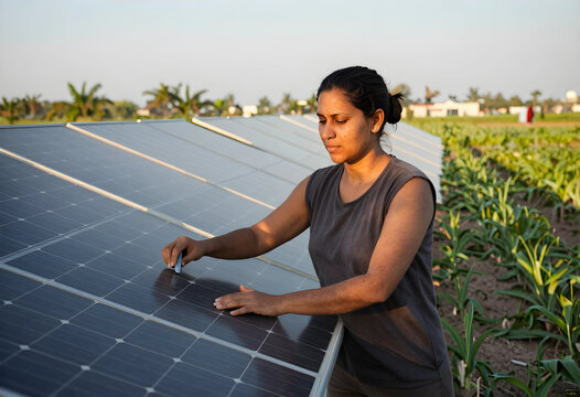 Clean energy and sustainable agriculture, woman inspecting solar panels in a rural field with crops at sunset