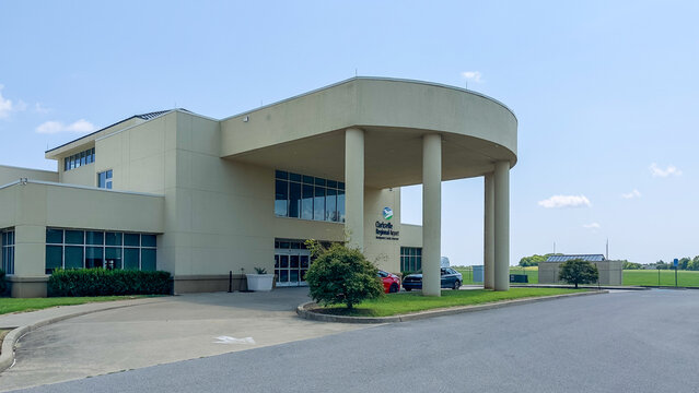 The Terminal at Clarksville Regional Airport in Clarksville, TN, under a beautiful blue August afternoon sky. The airport is frequently referred to as Outlaw Field.
