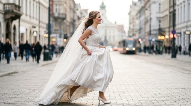 Bride in wedding dress running across a cobblestone city street at dawn, joyful movement