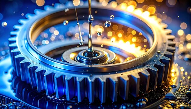 Stream of golden motor oil pouring into center of metallic precision gear with splash droplets and glowing bokeh sparks, concept of engine lubrication, industrial maintenance, and mechanical engineeri