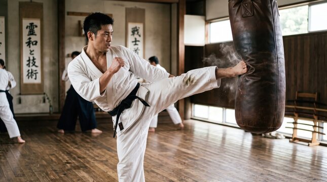 Japanese martial artist in white kimono kicking heavy punching bag in dojo studio. Concept of karate, martial arts.
