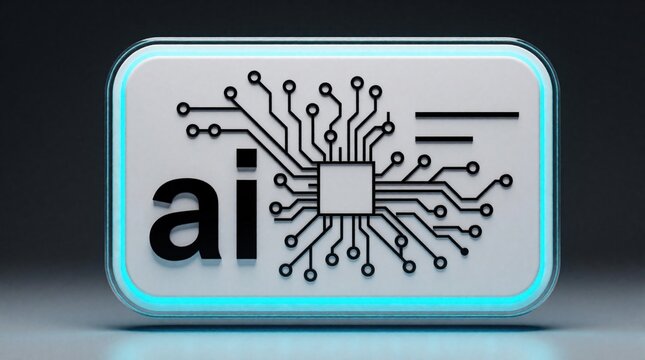Artificial intelligence icon with microchip circuit design on white button. Digital tech symbol glows with blue light. Modern AI concept for computer science, machine learning, smart software, future