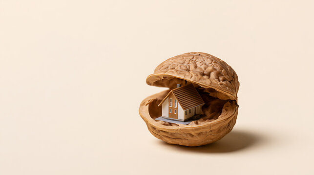 A tiny house model model safe inside an open walnut shell Juglans regia, concept of cozy home and mortgage protection on a plain background