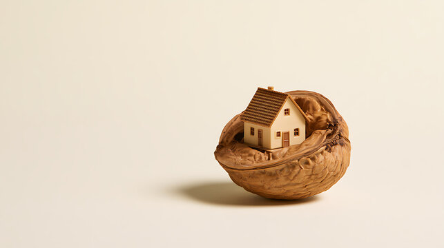 Tiny model house resting safely inside a split walnut shell, symbolizing cozy minimal living, secure property investment, and eco home