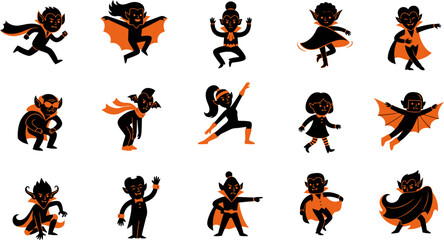 Obraz premium Set of cute little cartoon superheroes in various action poses isolated on a white background