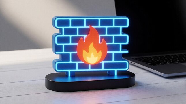Cybersecurity firewall icon with blue brick neon design and orange flame sits on desk near laptop. Protects digital network from online threats.