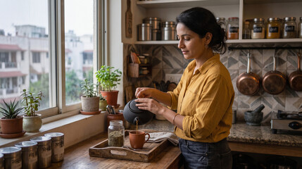 Fototapeta premium Indian professional brews evening tea after clocking out on time