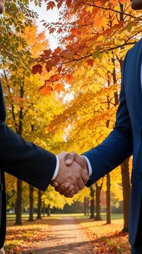 Two businessmen shake hands in a park during autumn. Trees have yellow and orange leaves. Path leads through fallen leaves. Diverse men meet outdoors.