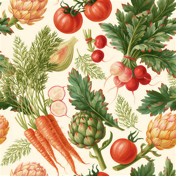 Colorful kitchen seamless pattern with various vegetables and herbs