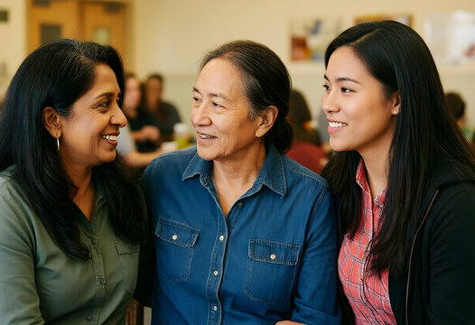 Multigenerational family connection and diversity, three women smiling and talking together in a warm indoor setting