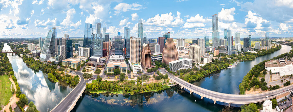 Austin, Texas skyline and Colorado River river panorama. Austin is the capital city of the U.S. state of Texas
