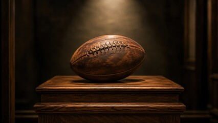 Fototapeta premium Vintage Leather American Football Ball Displayed on Wooden Pedestal in Museum. Concept of handcrafted, rugby, oak, plinth, rugger, sports history. Copy space.