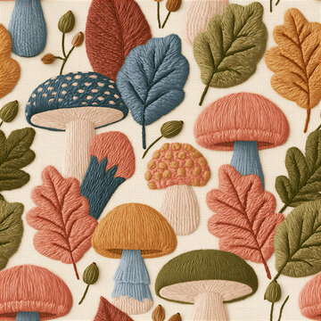 Colorful Mushroom and Leaf Seamless Pattern