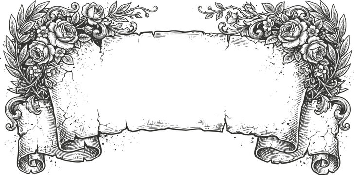 Ornate floral scroll frame with roses and leaves, black and white
