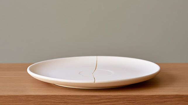Minimalist broken ceramic white plate with gold repair on wood table, elegant kintsugi art object representing resilience and healing