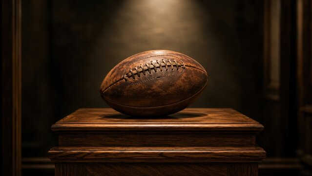 Vintage Leather American Football Ball Displayed on Wooden Pedestal in Museum. Concept of handcrafted, rugby, oak, plinth, rugger, sports history. Copy space.