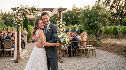Newlywed couple embracing emotionally in front of an elegant outdoor ceremony area, eyes closed and natural smiles, genuine expression of happiness.