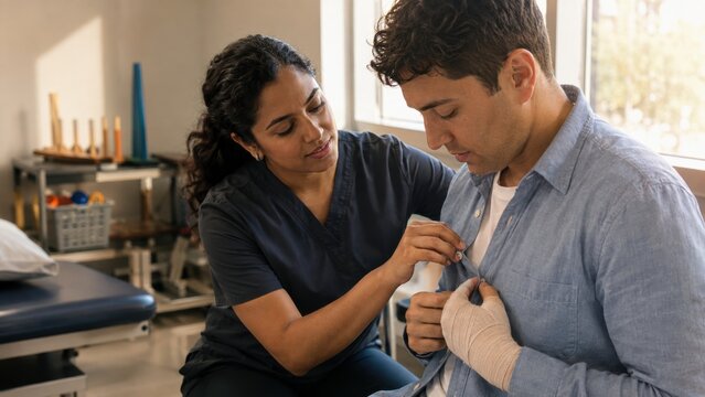 Occupational therapist helping male patient button shirt during rehabilitation session in modern medical clinic. Concept of hand, dressing, practice, occupational therapy, physical therapy.
