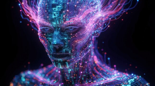 Futuristic AI oracle face with glowing neon circuits, glitch patterns. Digital humanoid head shows complex cybernetic neural network in dark space. Abstract techno concept featuring bright pink, blue