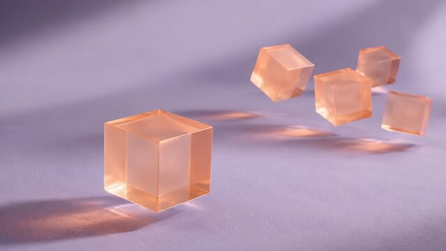 Floating Glass Cubes with Soft Shadows on Purple Background 3D Abstract Podium Render. Concept of peach, translucent, lavender, pastel, product display. Copy space.