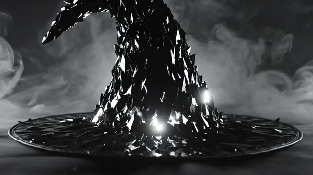 Mysterious witch's hat with sharp edges and smoke, gothic Halloween background, dark magic concept, eerie 3D animation