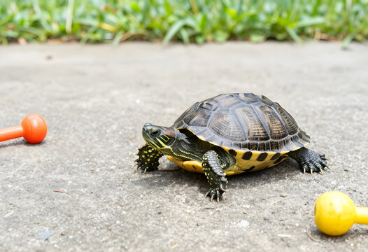 Slow and steady progress, red-eared slider turtle walking on concrete with determination and perseverance