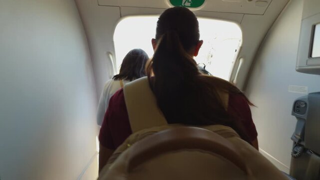 Young Woman Deboarding Plane With Backpack On Airport Tarmac Ready For Travel at Naples Italy Airport