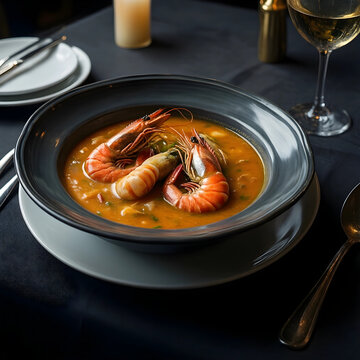 Gourmet seafood bisque with large prawns fine dining experience luxury restaurant cuisine and culinary excellence