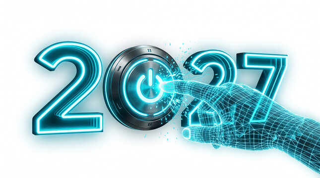 Futuristic 2027 new year concept, digital wireframe hand pressing glowing power button, neon blue technology start button isolated on White Background