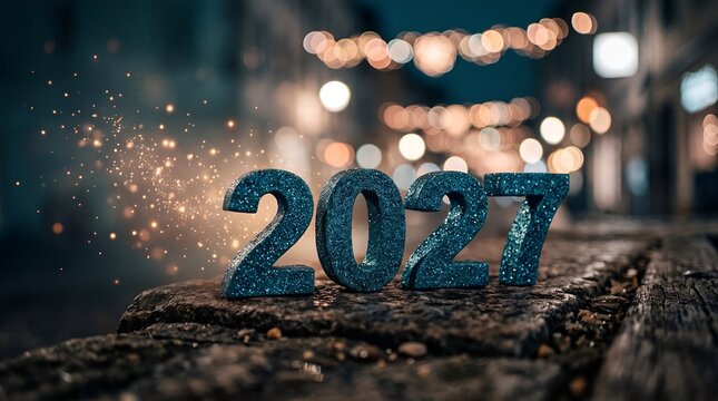 Sparkling blue 2027 numerical sign standing on a rustic wooden ledge with glowing bokeh city lights and sparkling embers in the background for New Year celebration.

