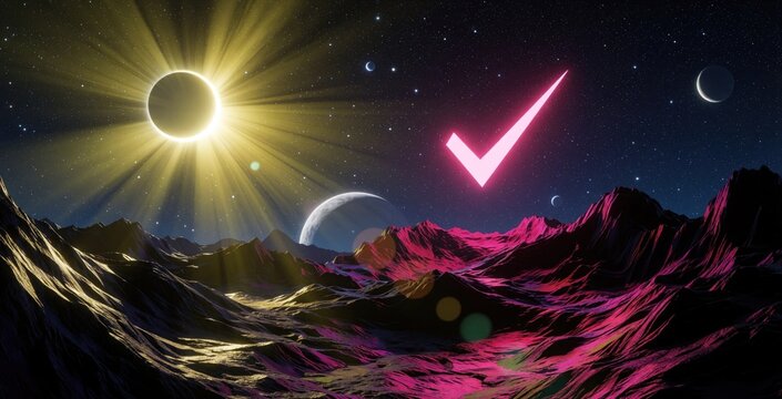 Solar eclipse glows with bright yellow rays in dark space. Pink check mark symbol floats above alien landscape with mountains, planets. Cosmic event shows sun, moon alignment above rocky terrain