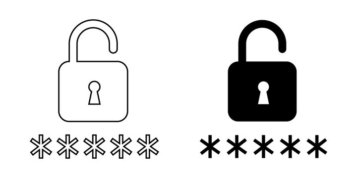 Unlocked padlock icons with password asterisk symbols in black and white styles