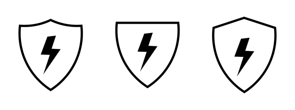 Set of three black shield icons with lightning bolt symbols for protection and energy concepts