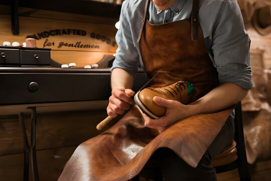 Zapatero artesanal trabajando en la reparaci&oacute;n y fabricaci&oacute;n de un zapato de cuero en su taller